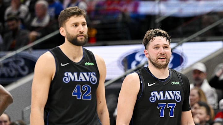 Feb 3, 2024; Dallas, Texas, USA; Dallas Mavericks forward Maxi Kleber (42) and guard Luka Doncic (77) during the game between the Dallas Mavericks and the Milwaukee Bucks at the American Airlines Center. Mandatory Credit: Jerome Miron-Imagn Images Feb 3, 2024; Dallas, Texas, USA; Dallas Mavericks forward Maxi Kleber (42) and guard Luka Doncic (77) during the game between the Dallas Mavericks and the Milwaukee Bucks at the American Airlines Center. Mandatory Credit: Jerome Miron-Imagn Images