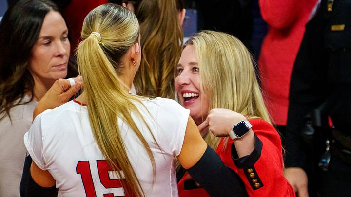 Nebraska head coach Dani Busboom Kelly talks with senior middle blocker Andi Jackson. Nebraska head coach Dani Busboom Kelly talks with senior middle blocker Andi Jackson.