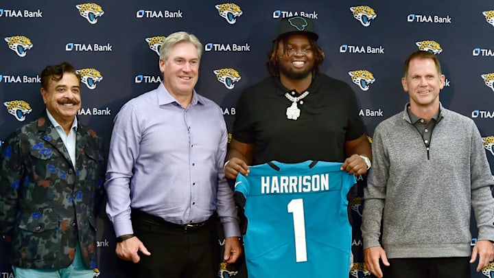 Jacksonville Jaguars owner Shad Khan, head coach Doug Pederson, first round draft pick Anton