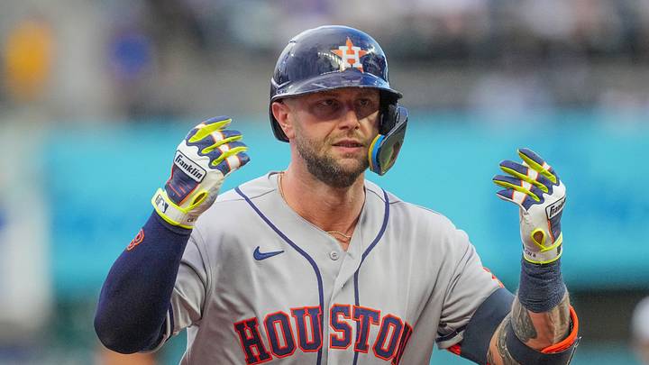 Jun 13, 2026; Kansas City, Missouri, USA; Houston Astros first baseman Christian Walker (8) celebrates while running the bases after hitting a two run home run against the Kansas City Royals during the fourth inning at Kauffman Stadium. Mandatory Credit: Denny Medley-Imagn Images