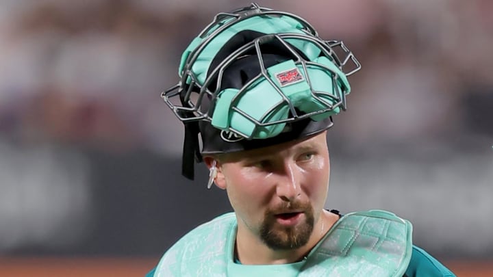 Seattle Mariners catcher Cal Raleigh talks to pitcher Luis Castillo during a game against the New York Mets on Aug. 15 at Citi Field. Seattle Mariners catcher Cal Raleigh talks to pitcher Luis Castillo during a game against the New York Mets on Aug. 15 at Citi Field.