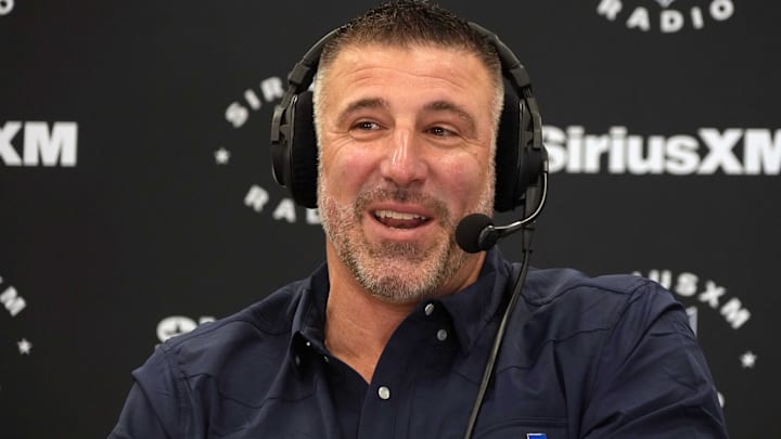 New England Patriots coach Mike Vrabel on the SiriusXM radio set at the NFL Scouting Combine at the Indiana Convention Center.