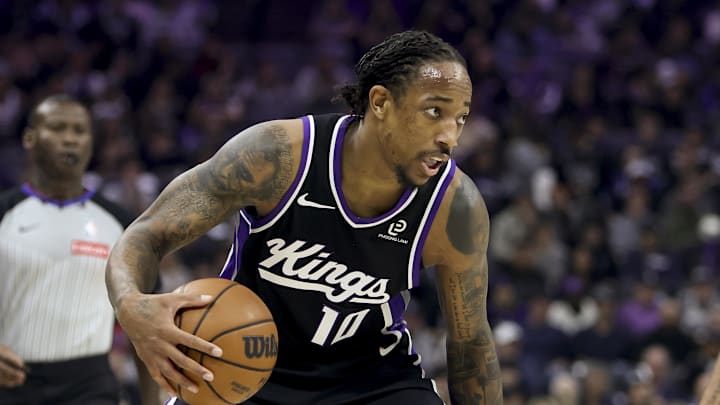 Nov 24, 2025; Sacramento, California, USA; Sacramento Kings forward DeMar DeRozan (10) controls the ball while being defended by Minnesota Timberwolves guard Terrence Shannon Jr. (1) during the first quarter at Golden 1 Center. Nov 24, 2025; Sacramento, California, USA; Sacramento Kings forward DeMar DeRozan (10) controls the ball while being defended by Minnesota Timberwolves guard Terrence Shannon Jr. (1) during the first quarter at Golden 1 Center.
