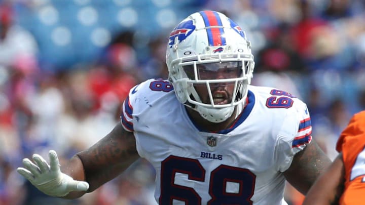 Bills right tackle Bobby Hart (68) blocks Denver linebacker Nik Bonitto (42) at the line during the Bills preseason game against Denver Saturday, Aug. 20, 2022 at Highmark Stadium.

Sd 082022 Bills 84 Spts
