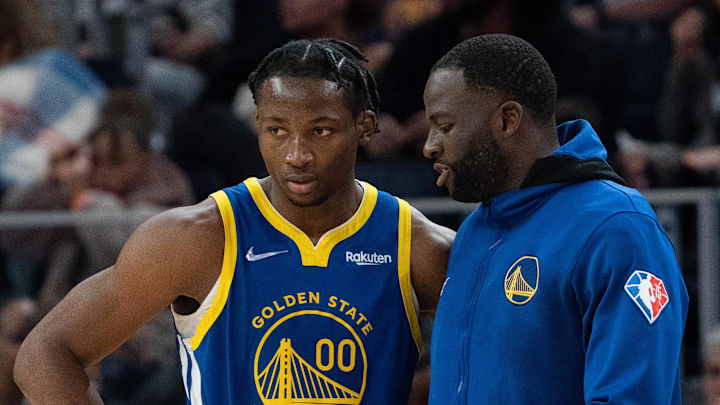 October 30, 2021; San Francisco, California, USA; Golden State Warriors forward Jonathan Kuminga (00) listens to forward Draymond Green (23) during the fourth quarter against the Oklahoma City Thunder at Chase Center. Mandatory Credit: Kyle Terada-Imagn Images October 30, 2021; San Francisco, California, USA; Golden State Warriors forward Jonathan Kuminga (00) listens to forward Draymond Green (23) during the fourth quarter against the Oklahoma City Thunder at Chase Center. Mandatory Credit: Kyle Terada-Imagn Images