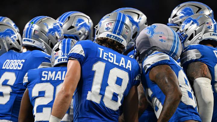 Detroit Lions offense huddling up against the Washington Commanders in the first quarter at Ford Field Detroit Lions offense huddling up against the Washington Commanders in the first quarter at Ford Field