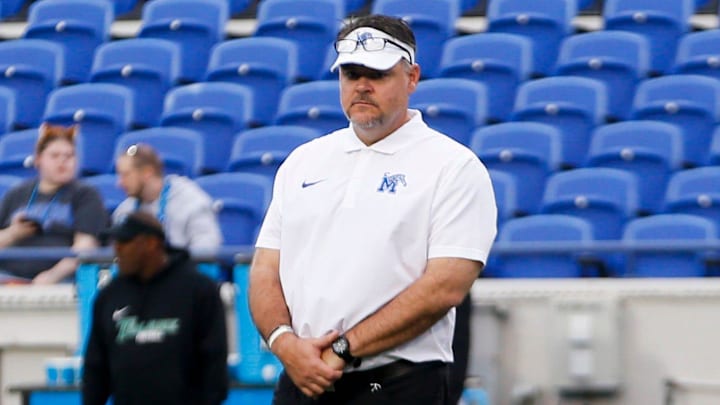 Memphis offensive coordinator Tim Cramsey watches the offense warm up prior to the game against theTulane Green Wave at Simmons Bank Liberty Stadium in Memphis, Tenn.