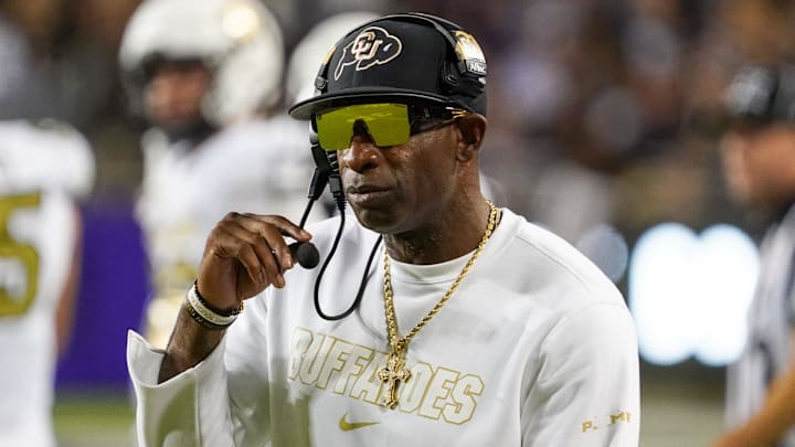 Oct 4, 2025; Fort Worth, Texas, USA; Colorado Buffaloes head coach Deion Sanders on the sidelines during the first half against the TCU Horned Frogs at Amon G. Carter Stadium. Mandatory Credit: Raymond Carlin III-Imagn Images