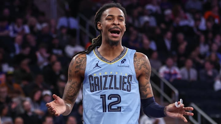 Nov 11, 2025; New York, New York, USA;  Memphis Grizzlies guard Ja Morant (12) reacts after getting called for a foul in the second quarter against the New York Knicks at Madison Square Garden. Mandatory Credit: Wendell Cruz-Imagn Images