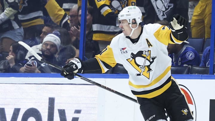 Dec 4, 2025; Tampa, Florida, USA; Pittsburgh Penguins center Evgeni Malkin (71) reacts after scoring a goal against the Tampa Bay Lightning in the third period at Benchmark International Arena. Mandatory Credit: Nathan Ray Seebeck-Imagn Images Dec 4, 2025; Tampa, Florida, USA; Pittsburgh Penguins center Evgeni Malkin (71) reacts after scoring a goal against the Tampa Bay Lightning in the third period at Benchmark International Arena. Mandatory Credit: Nathan Ray Seebeck-Imagn Images