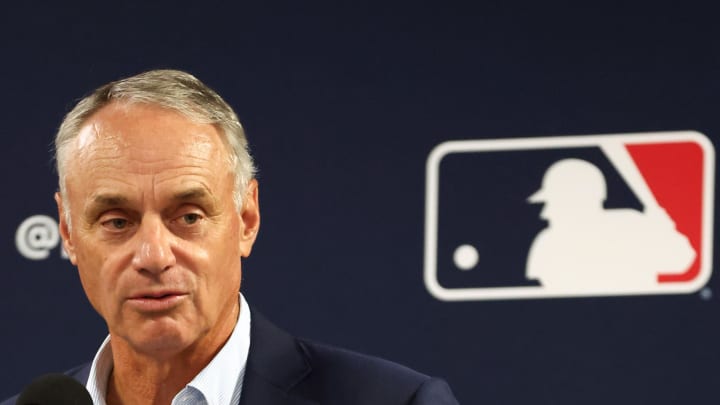 Feb 15, 2024; Tampa, FL, USA; MLB commissioner Rob Manfred talks with media at George M. Steinbrenner Field. Mandatory Credit: Kim Klement Neitzel-USA TODAY Sports