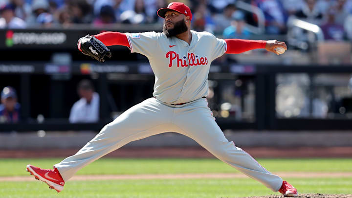 Apr 23, 2025; New York City, New York, USA; Philadelphia Phillies relief pitcher Jose Alvarado (46) pitches against the New York Mets during the eighth inning at Citi Field.