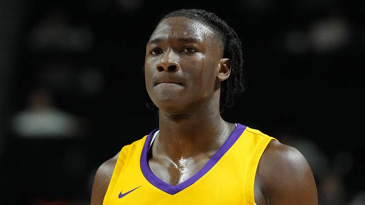 Adou Thiero #1 of the Los Angeles Lakers looks on against the Dallas Mavericks. Copyright 2026 NBAE (Photo by Candice Ward/NBAE via Getty Images)