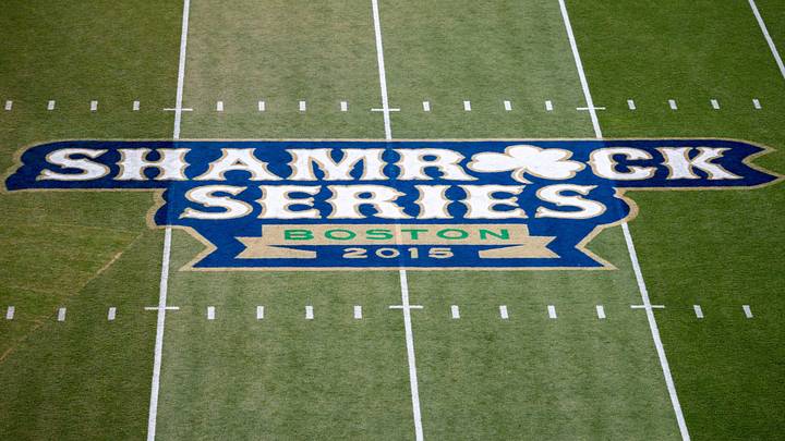 Nov 21, 2015; Boston, MA, USA; The Shamrock Series logo on the field at Fenway Park before the game between the Notre Dame Fighting Irish and the Boston College Eagles. 