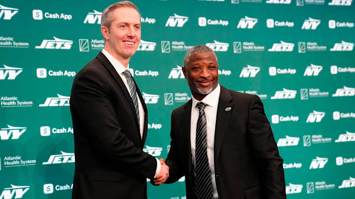 New York Jets General Manager Darren Mougey and Jets Head Coach Aaron Glenn, shake hands as they pose for the press, at the Atlantic Health Jets Training Center, Monday, January 27, 2025, in Florham Park. Mougey and Glenn were introduced to the press in their new positions for the first time.