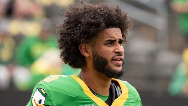 Oregon quarterback Dante Moore warms up as the Oregon Ducks host the Oklahoma State Cowboys on Sept. 6, 2025, at Autzen Stadium in Eugene, Oregon. Oregon quarterback Dante Moore warms up as the Oregon Ducks host the Oklahoma State Cowboys on Sept. 6, 2025, at Autzen Stadium in Eugene, Oregon.