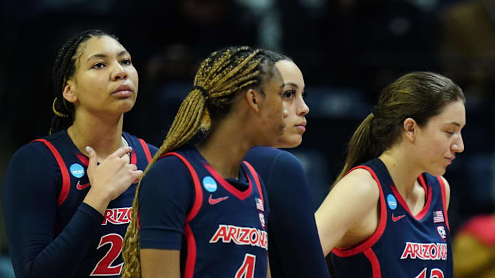 Mar 23, 2024; Storrs, Connecticut, USA; Arizona Wildcats head coach Adia Barnes with her team during a break in the action as they take on the Syracuse Orange at Harry A. Gampel Pavilion. Mandatory Credit: David Butler II-Imagn Images
