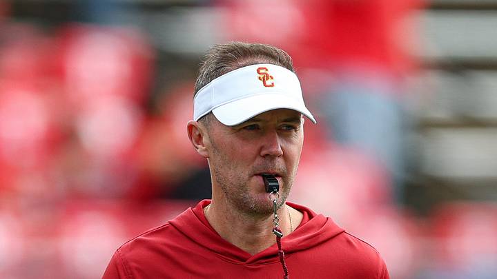 Sep 19, 2026; Piscataway, New Jersey, USA;  USC Trojans head coach Lincoln Riley on the field during warm ups before the game against the Rutgers Scarlet Knights at SHI Stadium.