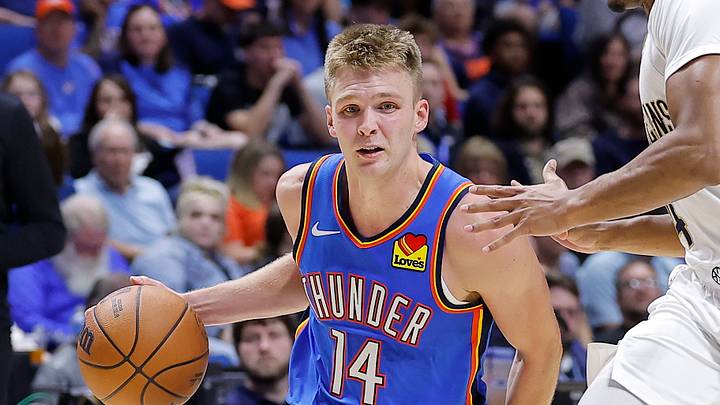 Oct 6, 2026; Tulsa, Oklahoma, USA; Oklahoma City Thunder guard Bennett Stirtz (14) moves the ball down the court against the New Orleans Pelicans during the second half at BOK Center. Mandatory Credit: Alonzo Adams-Imagn Images Oct 6, 2026; Tulsa, Oklahoma, USA; Oklahoma City Thunder guard Bennett Stirtz (14) moves the ball down the court against the New Orleans Pelicans during the second half at BOK Center. Mandatory Credit: Alonzo Adams-Imagn Images