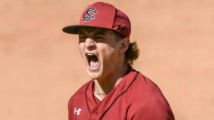 South Carolina sophomore Jake McCoy (23) reacts after striking out Clemson sophomore Collin Priest (99) during the top of the fourth inning of the Reedy River Rivalry at Fluor Field in Greenville, S.C. Saturday, March 1, 2025. South Carolina sophomore Jake McCoy (23) reacts after striking out Clemson sophomore Collin Priest (99) during the top of the fourth inning of the Reedy River Rivalry at Fluor Field in Greenville, S.C. Saturday, March 1, 2025.