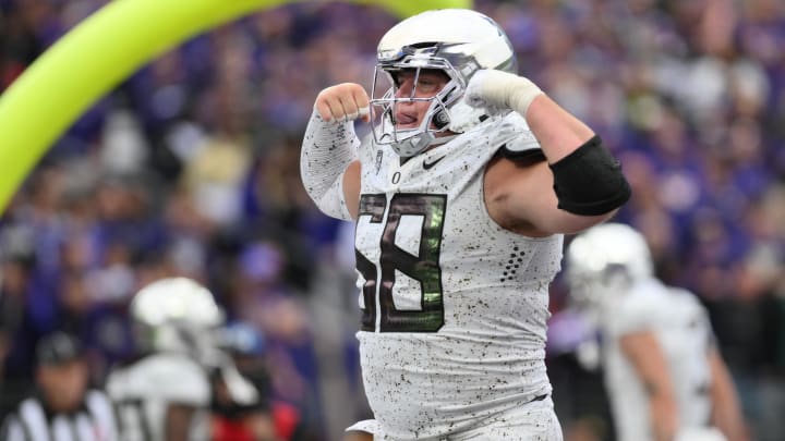 Oct 14, 2023; Seattle, Washington, USA; Oregon Ducks offensive lineman Jackson Powers-Johnson (58)