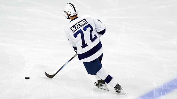 Oct 3, 2025; Tempe, AZ, USA; Penn State Nittany Lions forward Gavin McKenna (72) warms up before the game against the Arizona State Sun Devils at Mullett Arena. Mandatory Credit: Joe Camporeale-Imagn Images