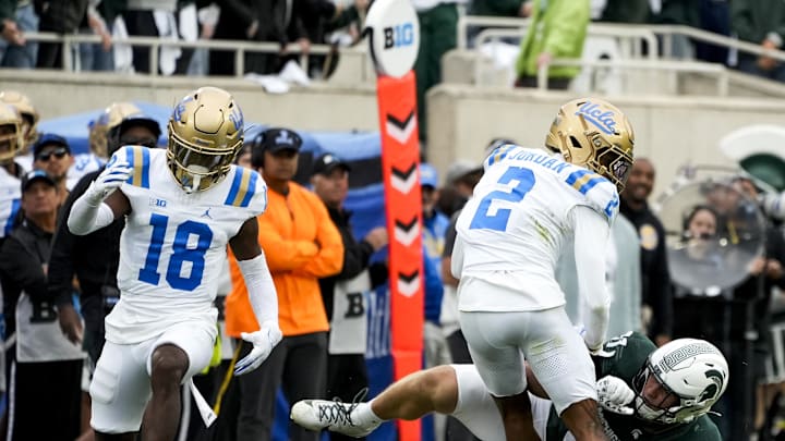 Oct 11, 2025; East Lansing, Michigan, USA; Michigan State tight end Michael Masunas (81) drops a pass in the third quarter against the UCLA Bruins at Spartan Stadium. Mandatory Credit: Brendan Mullin-Imagn Images