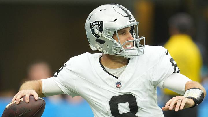 Sep 20, 2026; Inglewood, California, USA; Las Vegas Raiders quarterback Kirk Cousins (8) throws a pass against the Los Angeles Chargers during the first half at SoFi Stadium. Mandatory Credit: Kirby Lee-Imagn Images Sep 20, 2026; Inglewood, California, USA; Las Vegas Raiders quarterback Kirk Cousins (8) throws a pass against the Los Angeles Chargers during the first half at SoFi Stadium. Mandatory Credit: Kirby Lee-Imagn Images