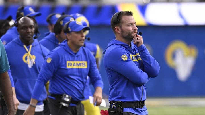 Oct 20, 2024; Inglewood, California, USA; Los Angeles Rams head coach Sean McVay watches during the second half against the Las Vegas Raiders at SoFi Stadium. Mandatory Credit: Alex Gallardo-Imagn Images