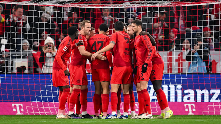 Bayern Munich players celebrating Jamal Musiala's goal against RB Leipzig on matchday 15 of the Bundesliga.