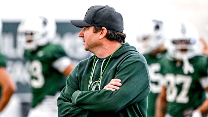 Michigan State head coach Jonathan Smith looks on during practice on Tuesday, April 8, 2025, in East Lansing.