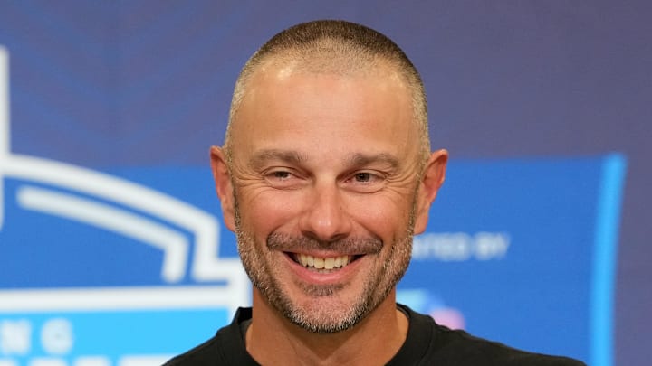 Feb 24, 2026; Indianapolis, IN, USA; Las Vegas Raiders general manager John Spytek speaks at the NFL Scouting Combine at the Indiana Convention Center. Mandatory Credit: Kirby Lee-Imagn Images