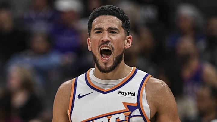 Mar 3, 2026; Sacramento, California, USA; Phoenix Suns guard Devin Booker (1) reacts during the third quarter against the Sacramento Kings at Golden 1 Center. Mandatory Credit: Justine Willard-Imagn Images