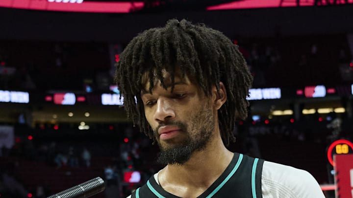 Portland Trail Blazers guard Shaedon Sharpe celebrates beating the Miami Heat.