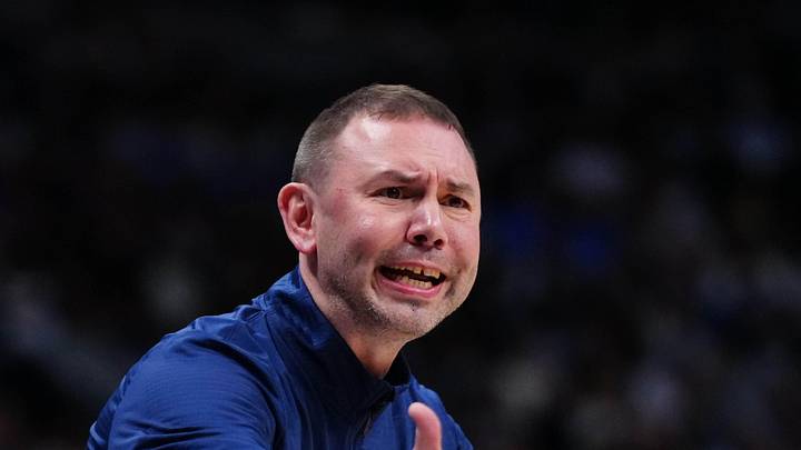 Apr 20, 2026; Denver, Colorado, USA; Denver Nuggets head coach David Adelman reacts in the second half against the Minnesota Timberwolves during game two of the first round of the 2026 NBA Playoffs at Ball Arena. Mandatory Credit: Ron Chenoy-Imagn Images