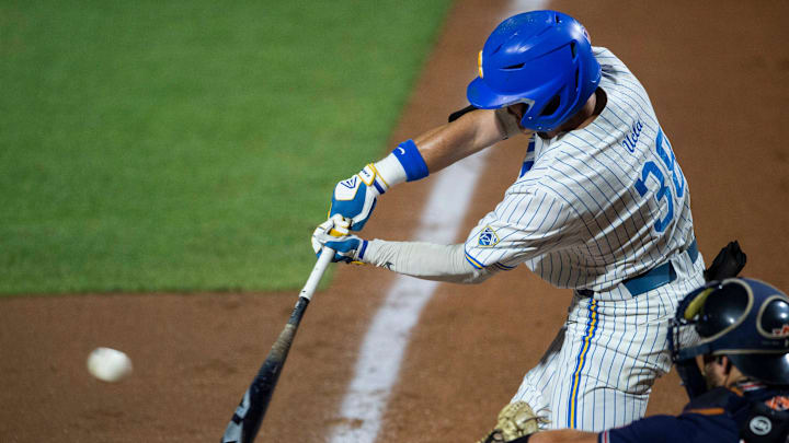 UCLA Bruins outfielder Jake Palmer (38) swings at the ball as Auburn Tigers take on UCLA Bruins during the NCAA regional baseball tournament at Plainsman Park in Auburn, Ala., on Sunday, June 5, 2022. UCLA Bruins outfielder Jake Palmer (38) swings at the ball as Auburn Tigers take on UCLA Bruins during the NCAA regional baseball tournament at Plainsman Park in Auburn, Ala., on Sunday, June 5, 2022.