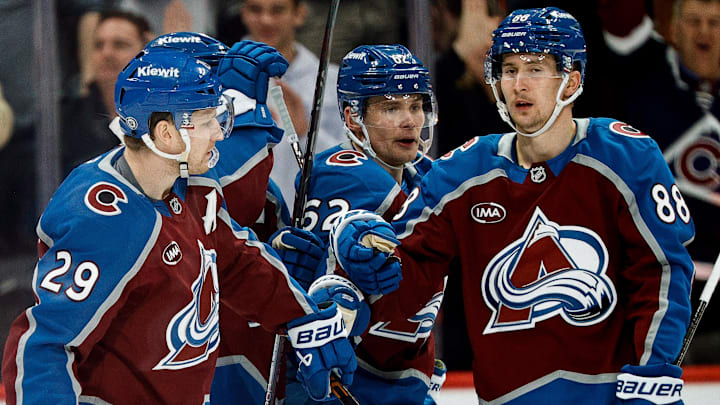 Mar 6, 2025; Denver, Colorado, USA; Colorado Avalanche center Nathan MacKinnon (29) celebrates his goal with left wing Artturi Lehkonen (62) and center Martin Necas (88) in the third period against the San Jose Sharks at Ball Arena. Mandatory Credit: Isaiah J. Downing-Imagn Images