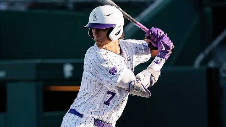 Former Kansas State right fielder AJ Evasco prepares to swing during 2026 regular season. Former Kansas State right fielder AJ Evasco prepares to swing during 2026 regular season.
