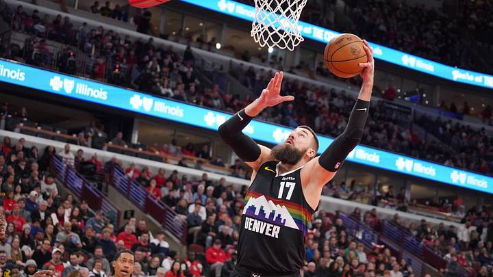 Feb 7, 2026; Chicago, Illinois, USA; Denver Nuggets center Jonas Valanciunas (17) scores against the Chicago Bulls during the first half at United Center. Mandatory Credit: David Banks-Imagn Images