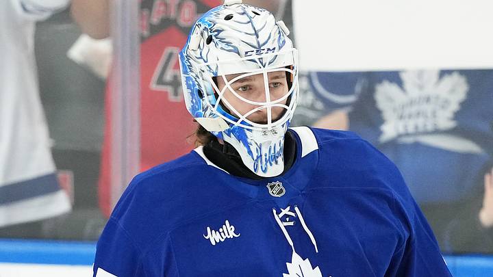 Oct 19, 2024; Toronto, Ontario, CAN; Toronto Maple Leafs goaltender Dennis Hildeby (35) skates during the warmup before a game against the New York Rangers at Scotiabank Arena. Mandatory Credit: Nick Turchiaro-Imagn Images Oct 19, 2024; Toronto, Ontario, CAN; Toronto Maple Leafs goaltender Dennis Hildeby (35) skates during the warmup before a game against the New York Rangers at Scotiabank Arena. Mandatory Credit: Nick Turchiaro-Imagn Images