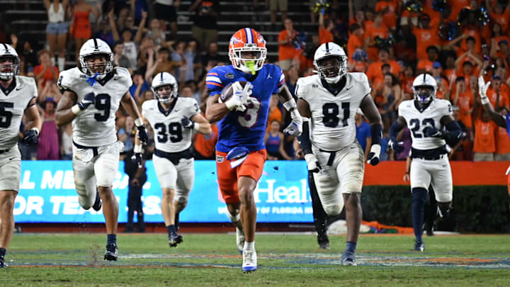 Florida Gators wide receiver Tre Wilson running away from the Samford defense. Florida Gators wide receiver Tre Wilson running away from the Samford defense.