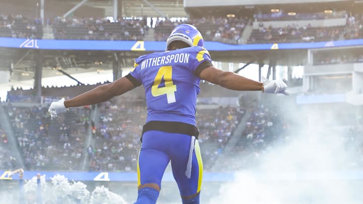 Jan 5, 2025; Inglewood, California, USA; Los Angeles Rams Cornerback Ahkello Witherspoon (4) enters the stadium during players pregame introduction vs the Seattle Seahawks at SoFi Stadium. Mandatory Credit: William Navarro-Imagn Images Jan 5, 2025; Inglewood, California, USA; Los Angeles Rams Cornerback Ahkello Witherspoon (4) enters the stadium during players pregame introduction vs the Seattle Seahawks at SoFi Stadium. Mandatory Credit: William Navarro-Imagn Images