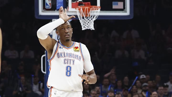 Oct 9, 2024; Oklahoma City, Oklahoma, USA; Oklahoma City Thunder forward Jalen Williams (8) gestures after scoring a basket against the Houston Rockets during the first quarter at Paycom Center. Mandatory Credit: Alonzo Adams-Imagn Images