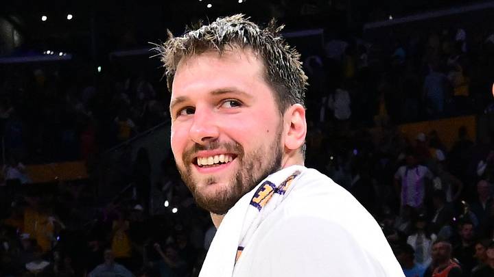 LOS ANGELES, CA - MARCH 12: Luka Doncic #77 of the Los Angeles Lakers smiles after the game against the Chicago Bulls on March 12, 2026 at Crypto.Com Arena in Los Angeles, California. Copyright 2026 NBAE (Photo by Adam Pantozzi/NBAE via Getty Images)