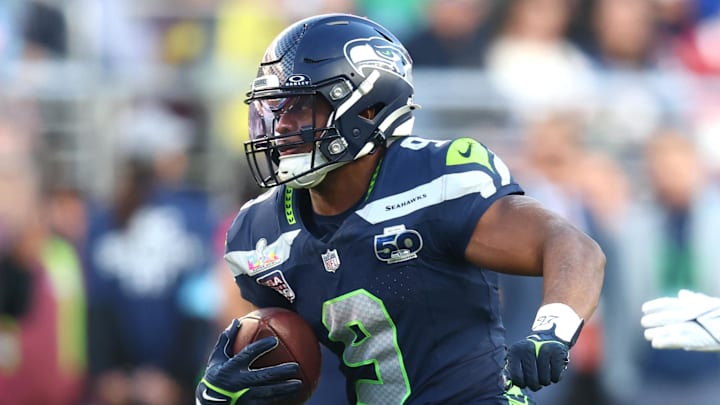 Feb 8, 2026; Santa Clara, CA, USA; Seattle Seahawks running back Kenneth Walker III (9) runs against the New England Patriots during the second quarter in Super Bowl LX at Levi's Stadium.