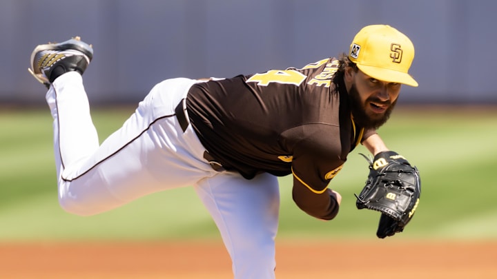 Mar 11, 2025; Peoria, Arizona, USA; San Diego Padres pitcher Dylan Cease against the Chicago White Sox during a spring training game at Peoria Sports Complex. 