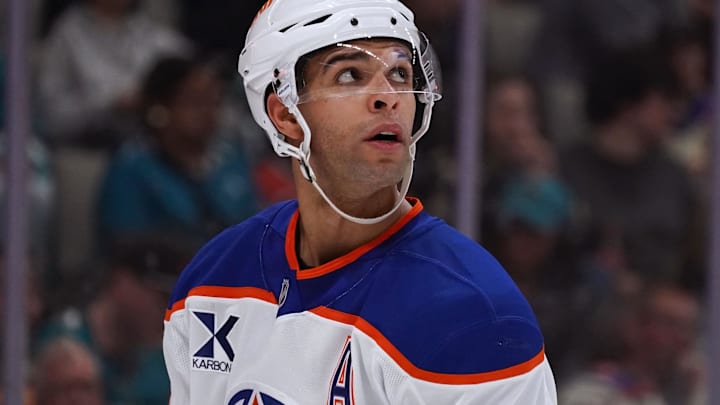 Apr 8, 2026; San Jose, California, USA;  Edmonton Oilers defenseman Darnell Nurse (25) looks up at the scoreboard during a break in the action against the San Jose Sharks during the second period at SAP Center at San Jose. Mandatory Credit: David Gonzales-Imagn Images