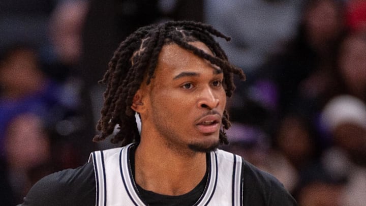 Mar 7, 2025; Sacramento, California, USA; San Antonio Spurs guard Stephon Castle (5) runs up the court during the second quarter of the game against the Sacramento Kings at Golden 1 Center. Mandatory Credit: Ed Szczepanski-Imagn Images