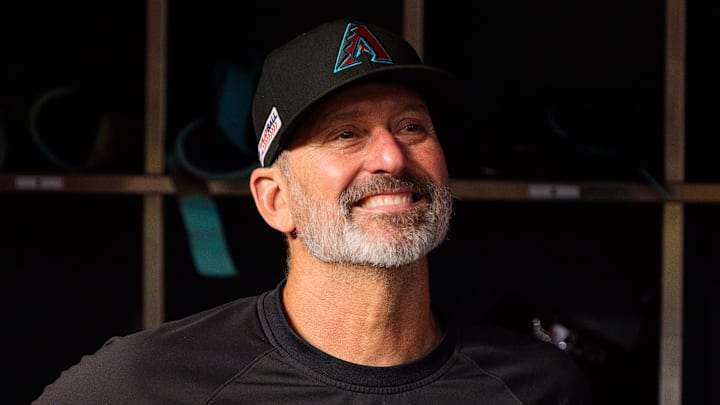 Jun 14, 2025; Phoenix, Arizona, USA; Arizona Diamondbacks manager Torey Lovullo (17) smiles after a victory against the San Diego Padres at Chase Field. Mandatory Credit: Allan Henry-Imagn Images Jun 14, 2025; Phoenix, Arizona, USA; Arizona Diamondbacks manager Torey Lovullo (17) smiles after a victory against the San Diego Padres at Chase Field. Mandatory Credit: Allan Henry-Imagn Images