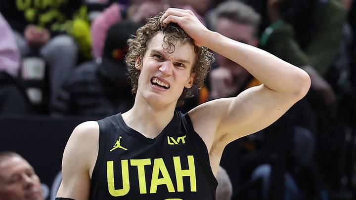 Mar 27, 2024; Salt Lake City, Utah, USA; Utah Jazz forward Lauri Markkanen (23) reacts to a play against the San Antonio Spurs during the fourth quarter at Delta Center. Mandatory Credit: Rob Gray-USA TODAY Sports